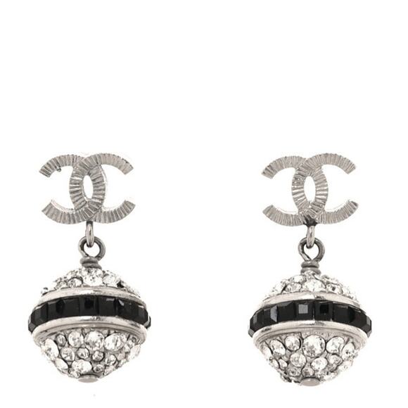 CHANEL Silver Crystal Ball Embellished Black Center Trim Post Dangle Earrings CC - Picture 1 of 7